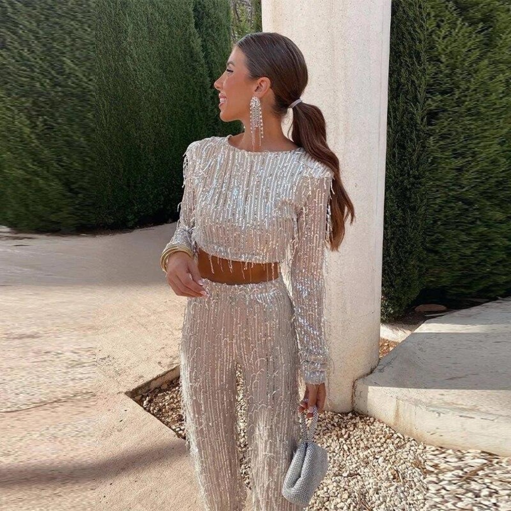 two piece bachlorette white sparkly outfit